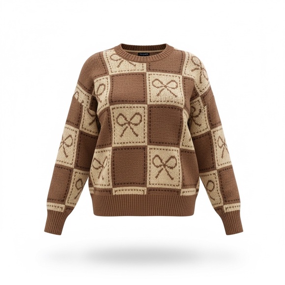 Blu Pepper Sweaters - Blu Pepper Brown and Cream Bow Knit Sweater